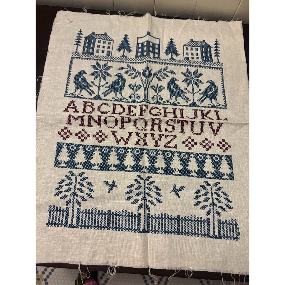 Vintage Cross Stitch Sampler Alphabet Blue Burgundy Linen 16x19